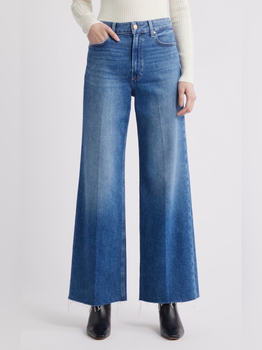 Paige Anessa High Waist Raw Hem Wide Leg Jeans 30